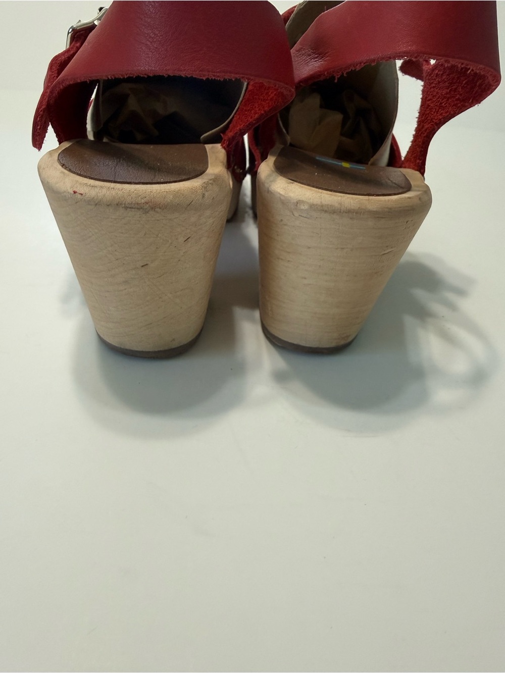 Mia Gertrude Red Leather Swedish Wooden Clog Sandals Open Toe Ankle Strap Sz 39 - Picture 7 of 16
